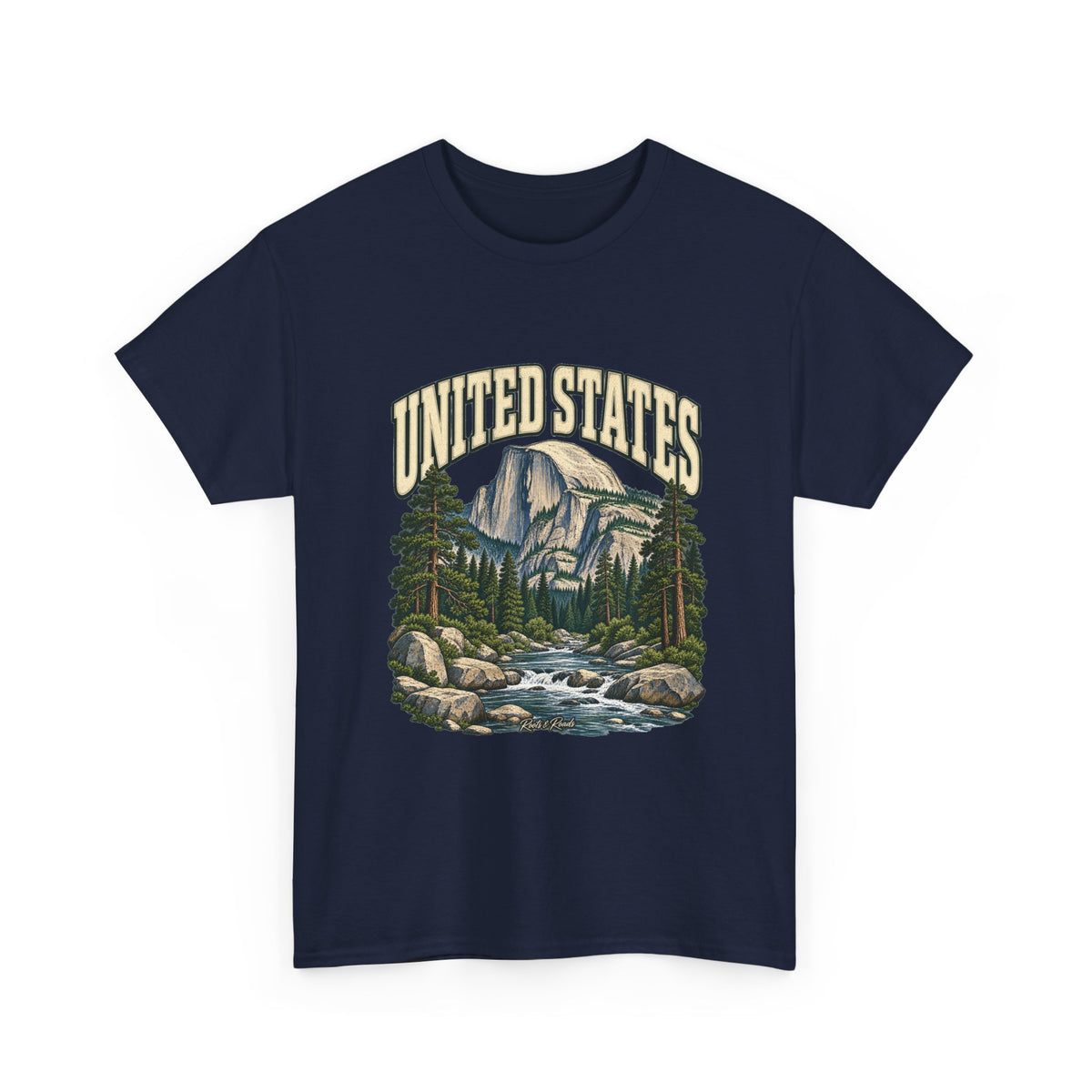 Front view of a navy Gildan 5000 United States T-shirt with cream lettering, granite mountain, pine forest, flowing river and Roots & Roads script.