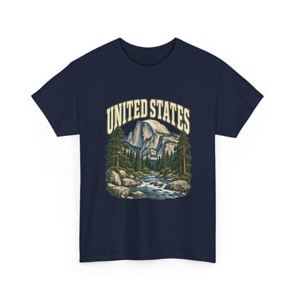 Front view of a navy Gildan 5000 United States T-shirt with cream lettering, granite mountain, pine forest, flowing river and Roots & Roads script.