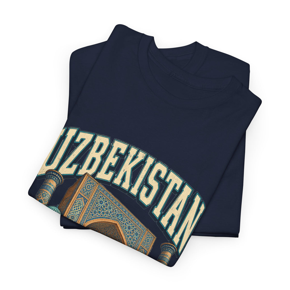 Folded navy Uzbekistan Fresh Prints T-shirt showing cream lettering with turquoise outlines and blue-and-gold architectural artwork.