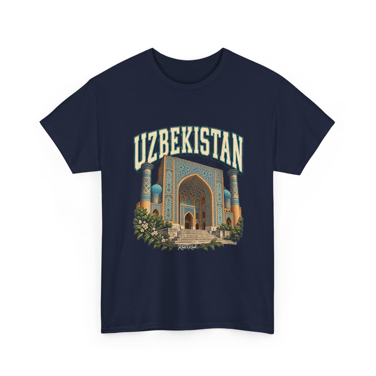 Front view of a navy Gildan 5000 Uzbekistan T-shirt with cream country lettering, blue-and-gold tiled architecture, turquoise domes, foliage and Roots & Roads script.