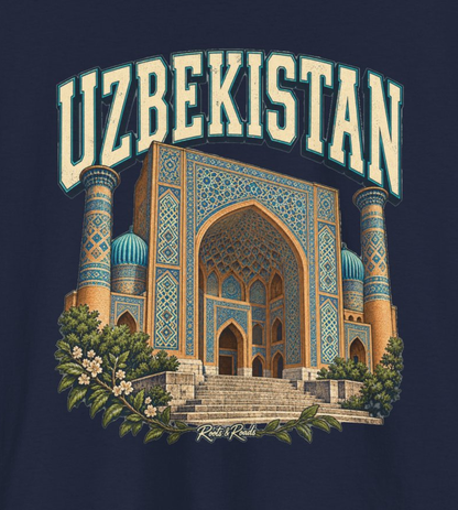 Print detail of UZBEKISTAN lettering, blue-and-gold tiled portal, turquoise domes, minarets, flowers and Roots & Roads signature on navy.