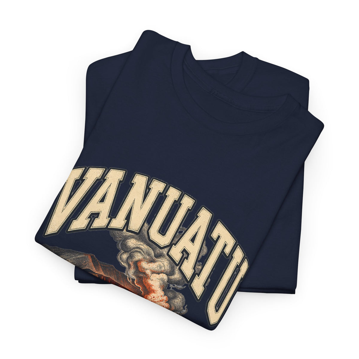Folded navy Vanuatu Fresh Prints T-shirt showing cream lettering and a smoking volcanic crater.