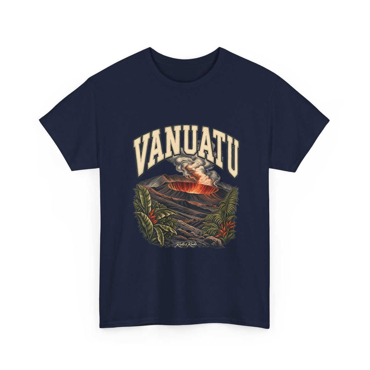 Front view of a navy Gildan 5000 Vanuatu T-shirt with cream country lettering, glowing volcanic crater, tropical foliage and Roots & Roads script.