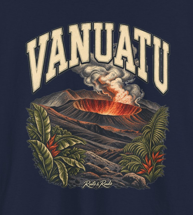 Print detail of VANUATU lettering, an orange volcanic crater, smoke, rocks, tropical leaves and Roots & Roads script on navy.