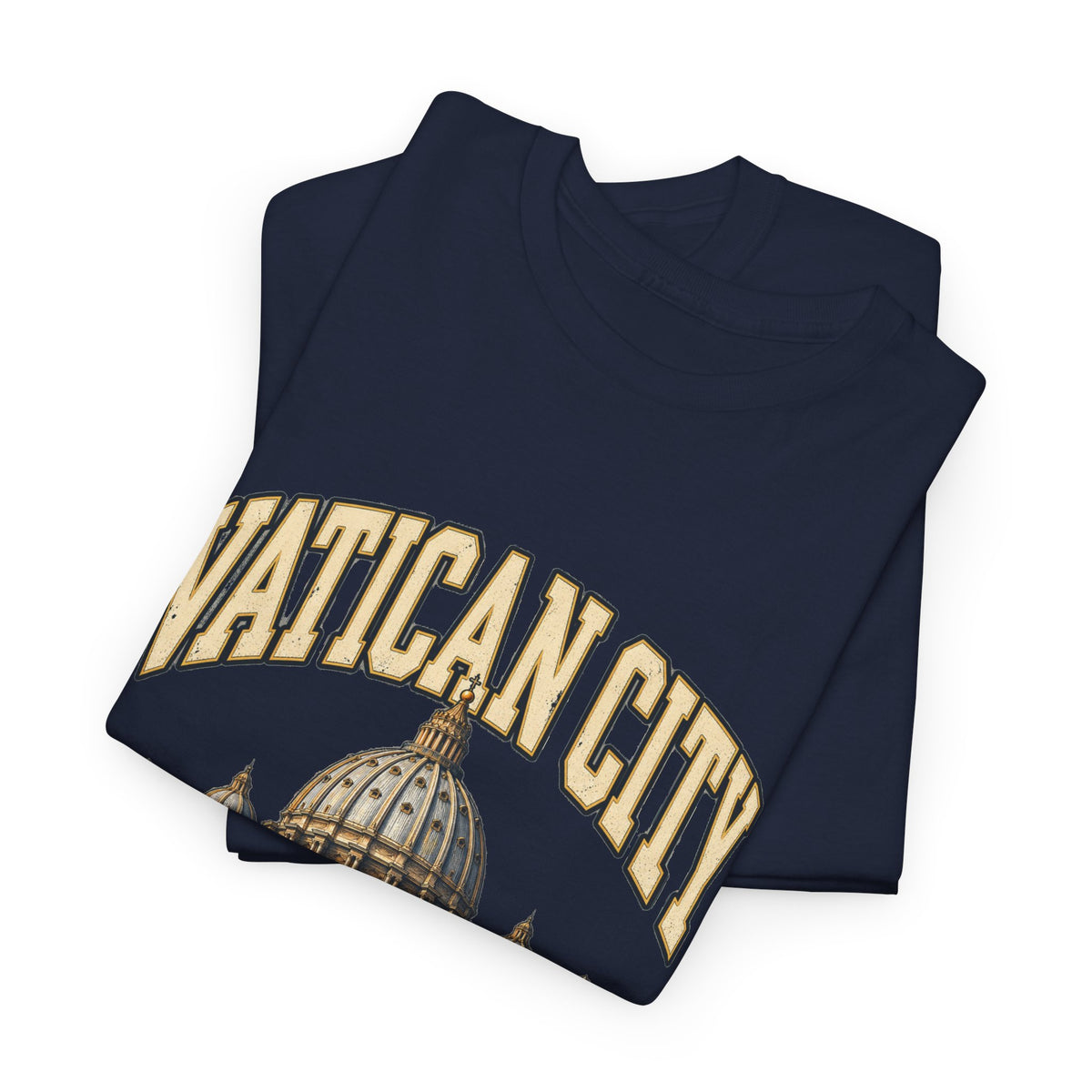 Folded Navy Vatican City Fresh Prints T-shirt showing cream country lettering and the basilica dome.