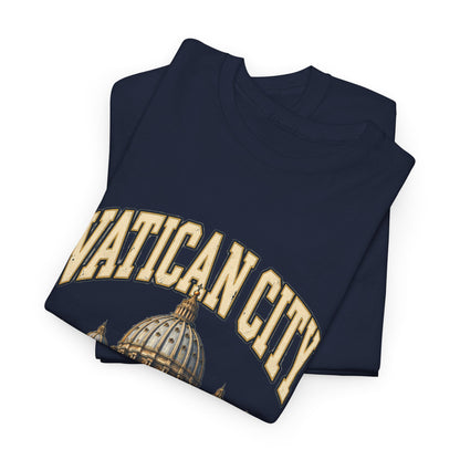 Folded Navy Vatican City Fresh Prints T-shirt showing cream country lettering and the basilica dome.