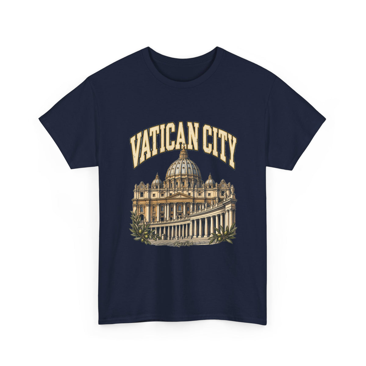 Front view of a Navy Gildan 5000 Vatican City T-shirt with cream and gold arched lettering, St Peter’s Basilica and colonnade, olive branches and Roots & Roads script.