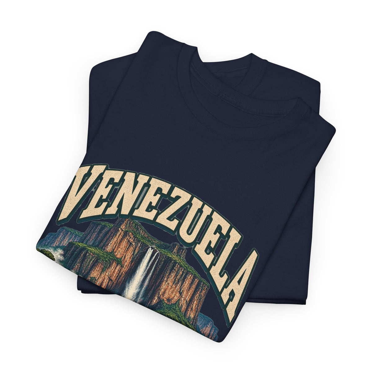 Folded Navy Venezuela Fresh Prints T-shirt with cream country lettering and waterfall landscape artwork.