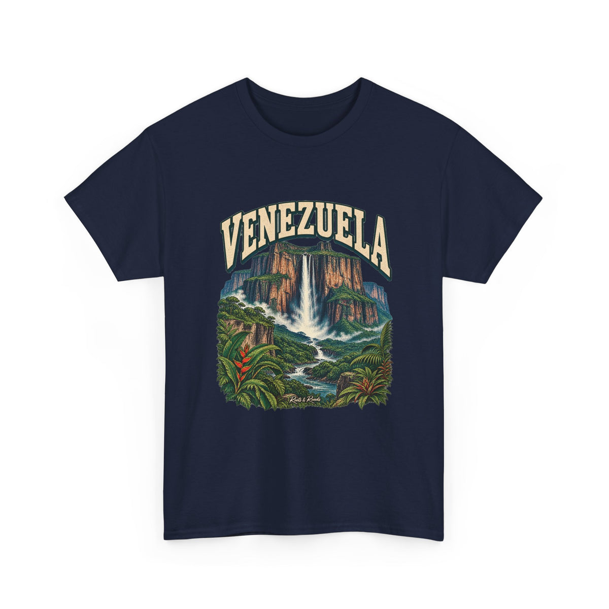 Front view of a Navy Gildan 5000 Venezuela T-shirt with arched cream lettering, tepui cliffs, waterfall, river, tropical foliage and Roots & Roads script.