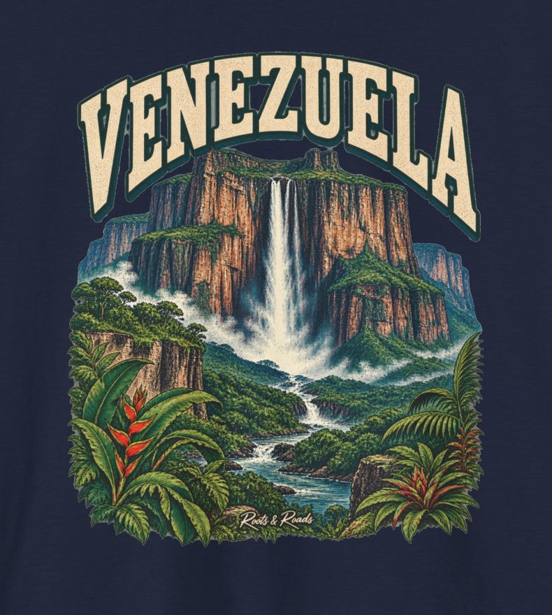 Detail of VENEZUELA lettering above a cascading waterfall and tepui cliffs, winding river, green foliage, red flowers and Roots & Roads signature on Navy cotton.