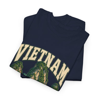 Folded Navy Vietnam Fresh Prints T-shirt showing cream country lettering and green limestone karst artwork.