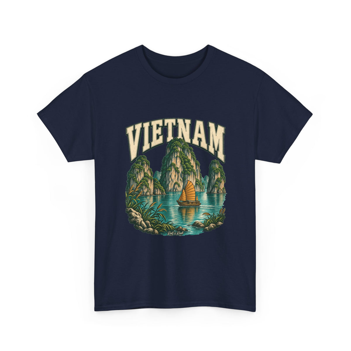 Front view of a Navy Gildan 5000 Vietnam T-shirt with arched cream lettering, limestone karsts, turquoise bay, golden-sailed boat and Roots & Roads script.