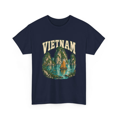 Front view of a Navy Gildan 5000 Vietnam T-shirt with arched cream lettering, limestone karsts, turquoise bay, golden-sailed boat and Roots & Roads script.