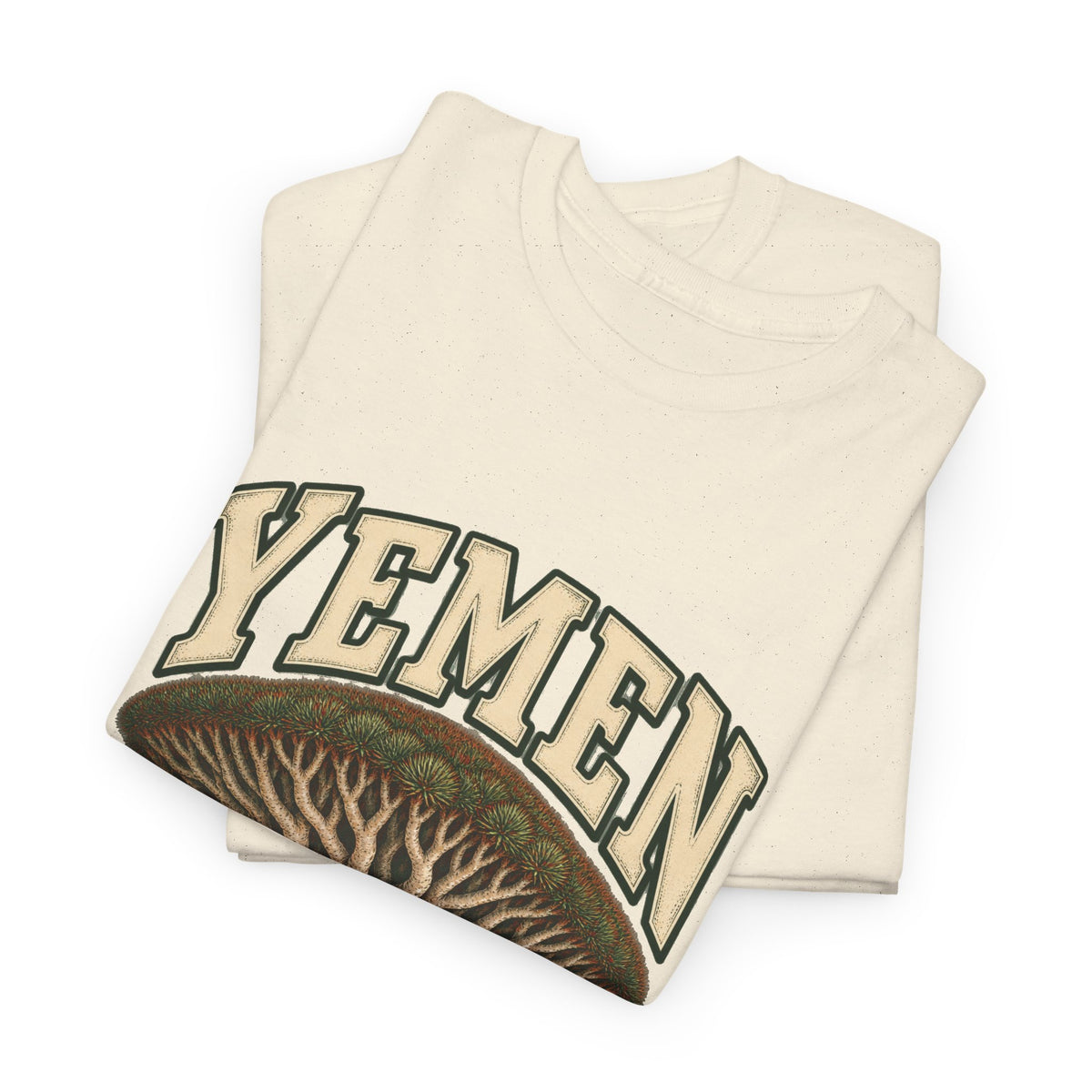 Folded Natural Yemen Fresh Prints T-shirt showing outlined country lettering and the dragon’s-blood tree canopy.