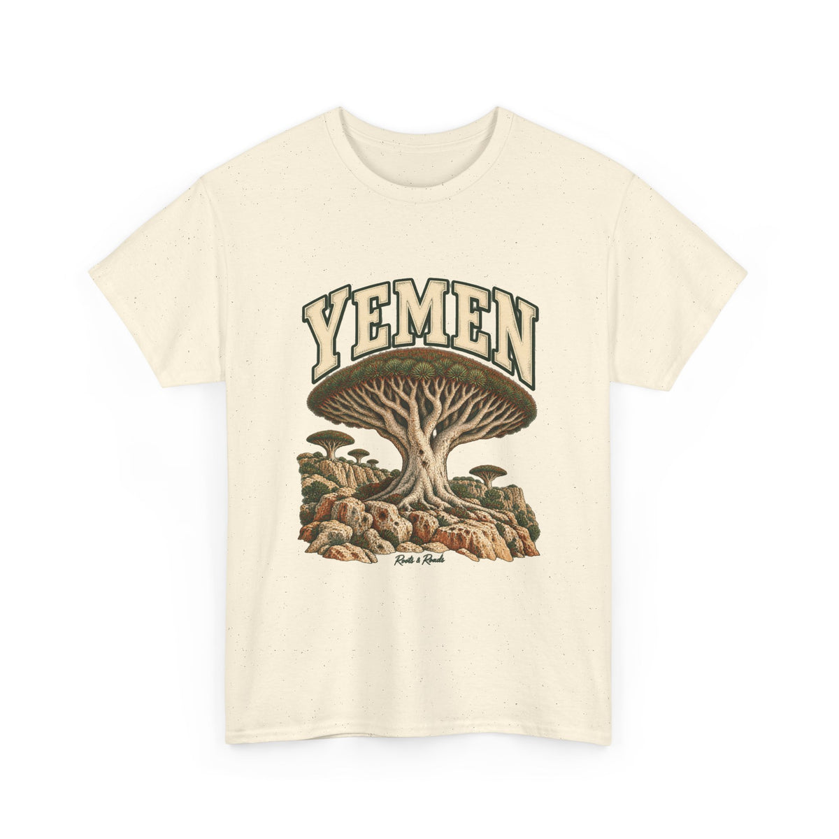Front view of a Natural Gildan 5000 Yemen T-shirt with outlined cream lettering, dragon’s-blood tree, rocky terrain and Roots & Roads script.