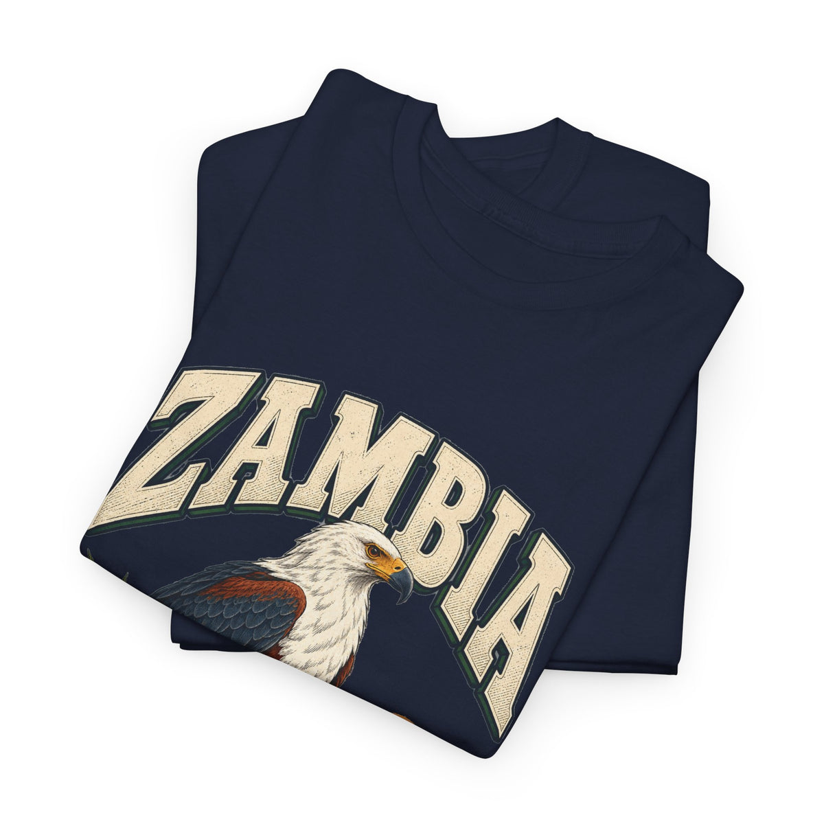 Folded Navy Zambia Fresh Prints T-shirt showing cream country lettering and the African fish eagle’s white head.