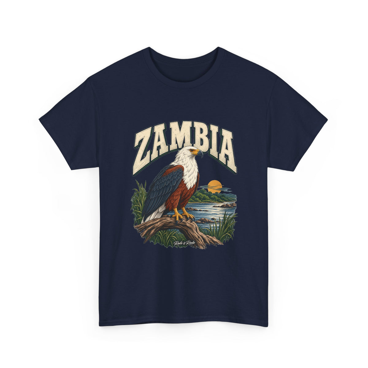 Front view of a Navy Gildan 5000 Zambia T-shirt with cream lettering, African fish eagle perched over a river, golden sun, grasses and Roots & Roads script.