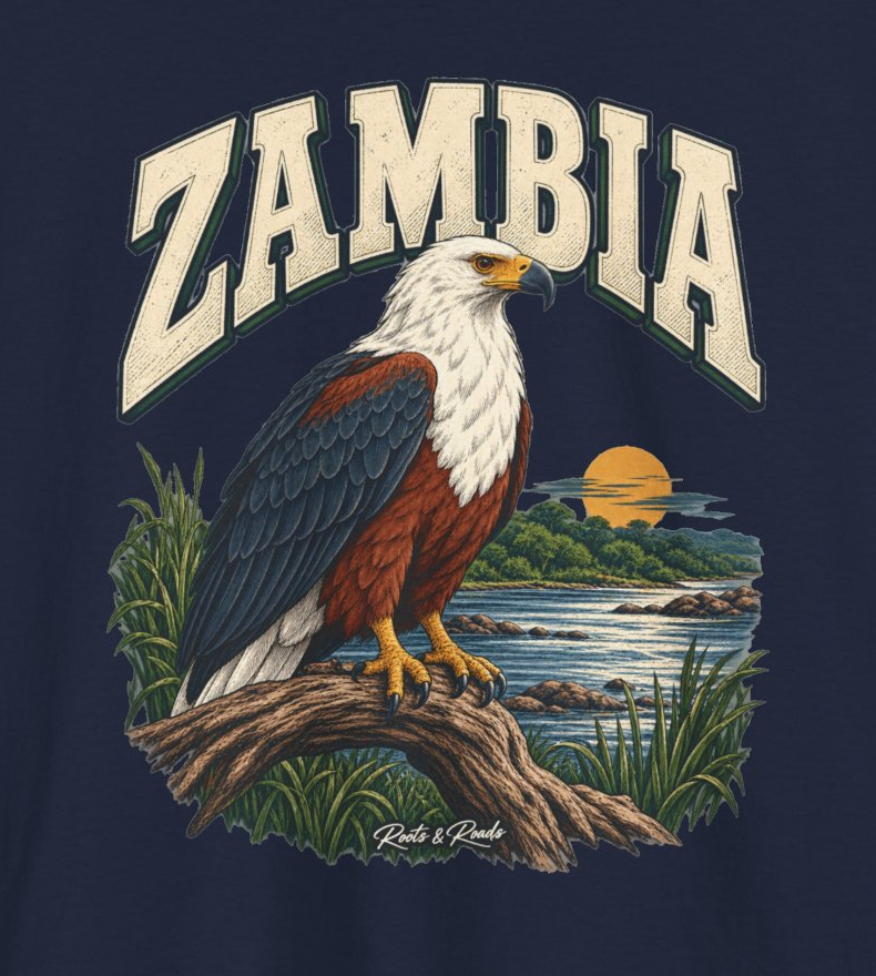 Detail of ZAMBIA lettering and African fish eagle with white head, chestnut body and dark wings, perched on a branch above a river and sunset with Roots & Roads signature.