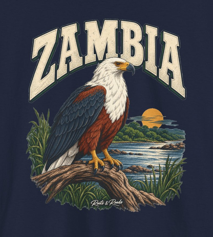 Detail of ZAMBIA lettering and African fish eagle with white head, chestnut body and dark wings, perched on a branch above a river and sunset with Roots & Roads signature.